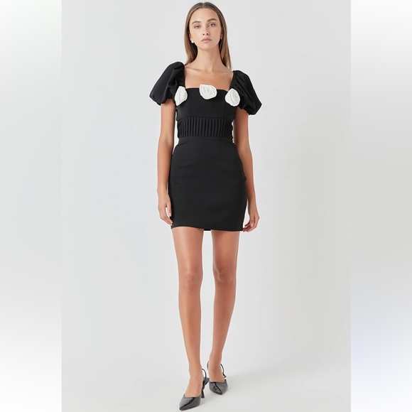 Endless Rose Dresses & Skirts - Endless Rose Black Puff Sleeve Mini Dress With White Rosettes size Medium NWT
